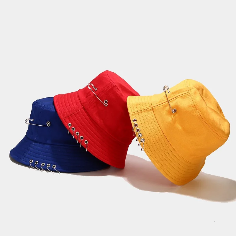 

Rings Pin Fisherman Cap Female Joker Folding Bucket Hats Male Tide Summer Outdoor Sun Hat lovers Caps