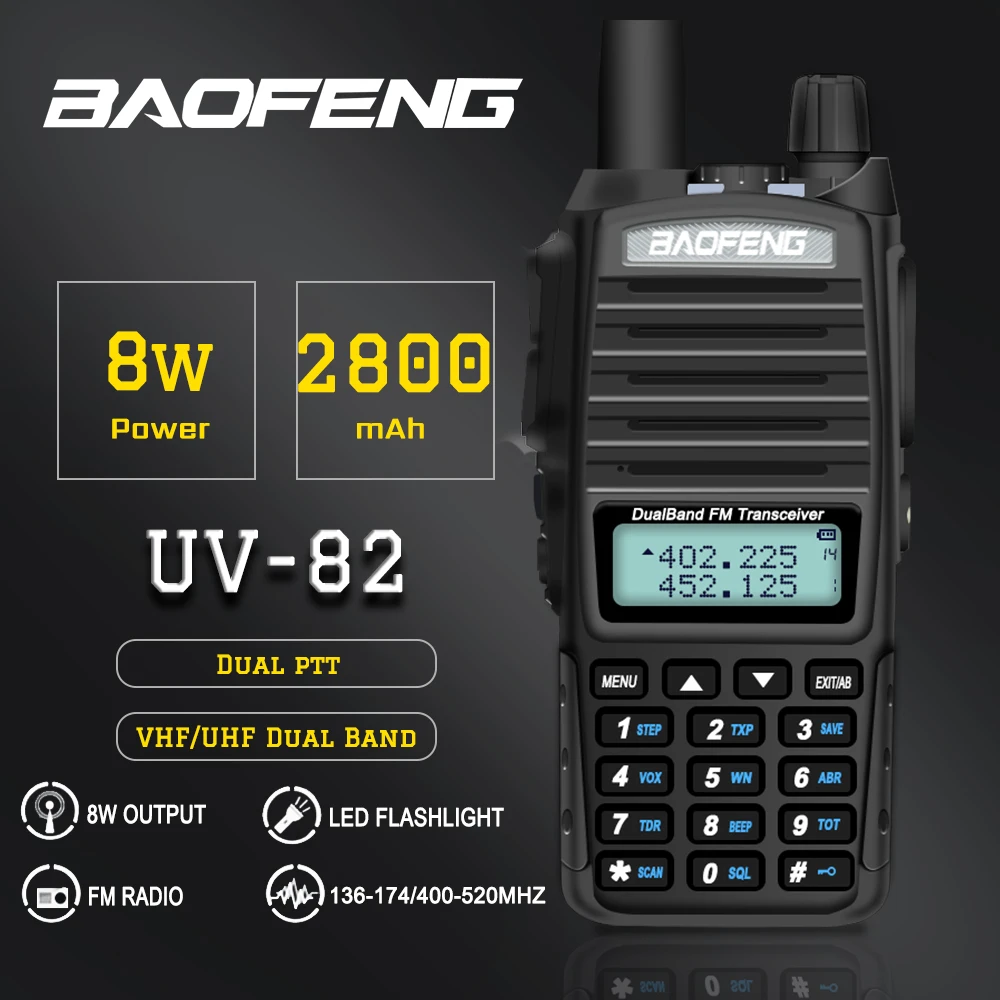 Baofeng UV-82 рация 8 Вт двойной PTT двухстороннее радио 2800 мАч Двухдиапазонный портативный 10 км приемопередатчик UV82 рация CB радио