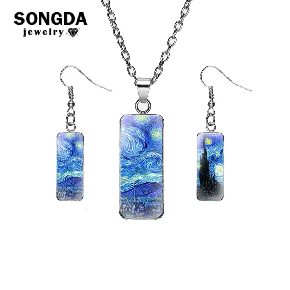 

SONGDA Van Gogh Starry Night Earrings Necklace Set Sunflower Apricot Pattern Oil Painting Collection Lover Luxury Jewellery Set