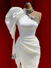 Белое Атласное коктейльное платье с длинным рукавом, 2022, с высоким воротом, на одно плечо, с кристаллами, с разрезом, для вечеринок, бальное платье для выпускного вечера, дешево