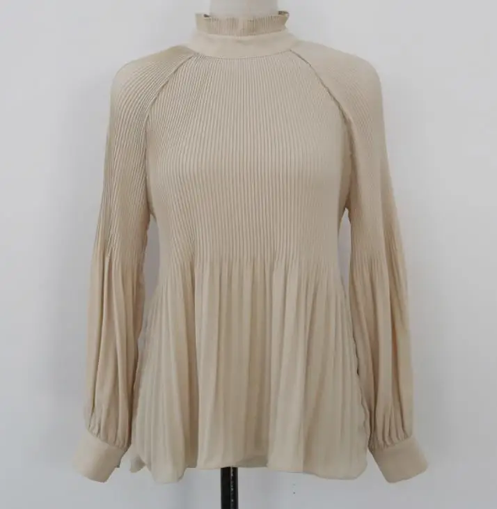 

Vinatge French style court lantern sleeve blouse women stand collar pleated top shirt