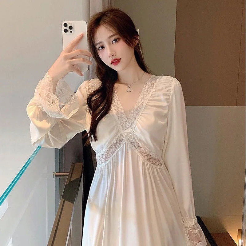 QWEEK Sexy Nightgowns Sleepwear Women V-neck Flared Sleeves Solid Color Nightdress Nightshirts Home Clothes Vestidos De Noche