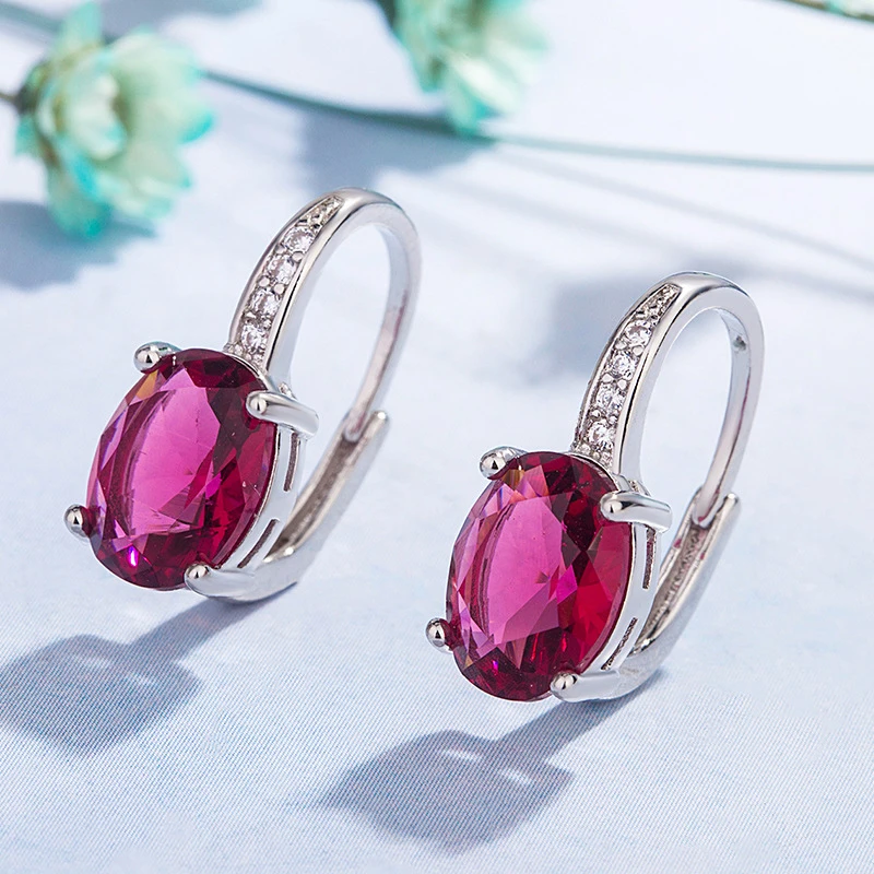

Elegant Dainty Women's Wedding Earrings Oval Rose Red Zircon Hoop Earrings Silver Dangle Ear Clips Dating Jewelry Accessories