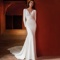 long sleeves mermaid wedding dresses 2021 v neck flowers backless pleats sweep train bridal gown new arrival for women mariee