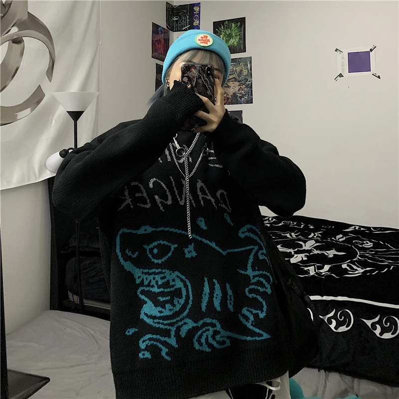 

Jacquard Knitted Thick Sweater Women Winter Y2k Casual Loose Large Size Pullover Korea Tide Ins Harajuku Cartoon Shark Letter