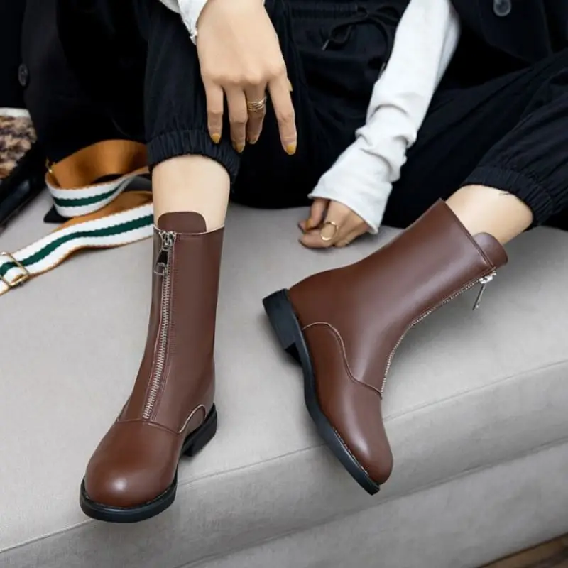 

RIZABINA New Women Winter Half Short Boots Zipper Round Toe Woman Shoes Fashion Cool Short Boots Ladies Footwear Size 28-39
