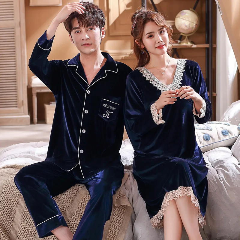 

Autumn And Winter Couple Solid Pajamas Wedding Suit Thick Home Wear Gold Velvet Sexy Nightdress Nightgown