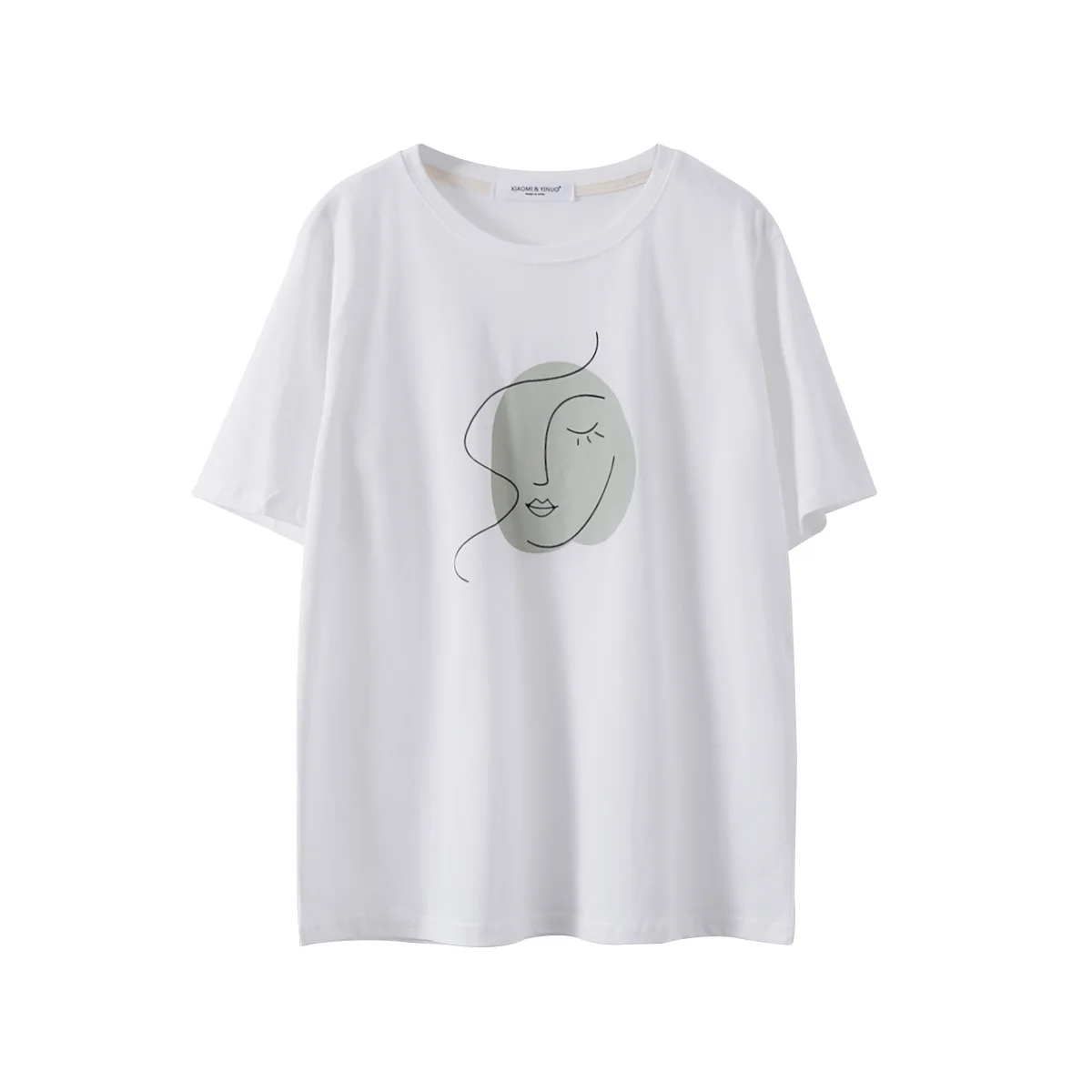 

Summer T-shirt White Blue O-neck Abstract Art Printing Tops Short Sleeve Loose Cotton T-shirt Women Girls Tees Camiseta