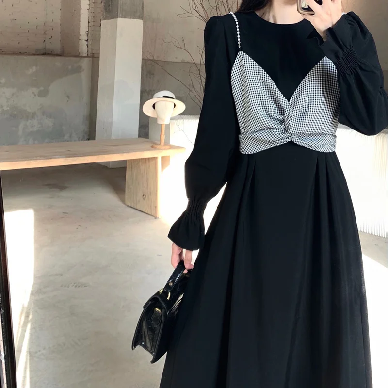 Черное платье с длинным рукавом женское осеннее новый комплект из двух предметов