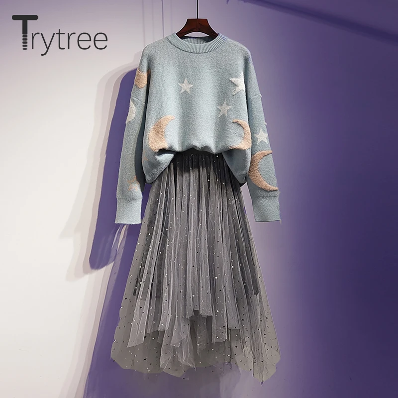 Trytree Осень Зима Женский комплект из двух предметов Повседневный Топ с круглым вырезом+ юбка в горошек вуаль модный офисный Женский до середины икры комплект из 2 предметов