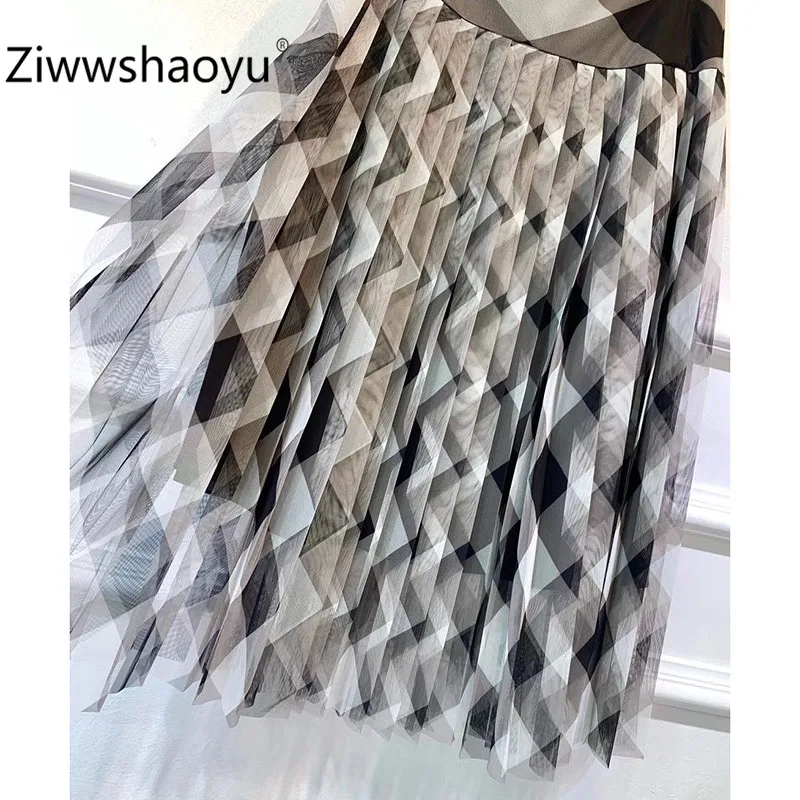 Ziwwshaoyu Осенняя женская обувь черно-белая, с геометрическим узором, с принтом Юбка из сетчатой ткани шелк класса "люкс" подкладка плиссированная юбка миди