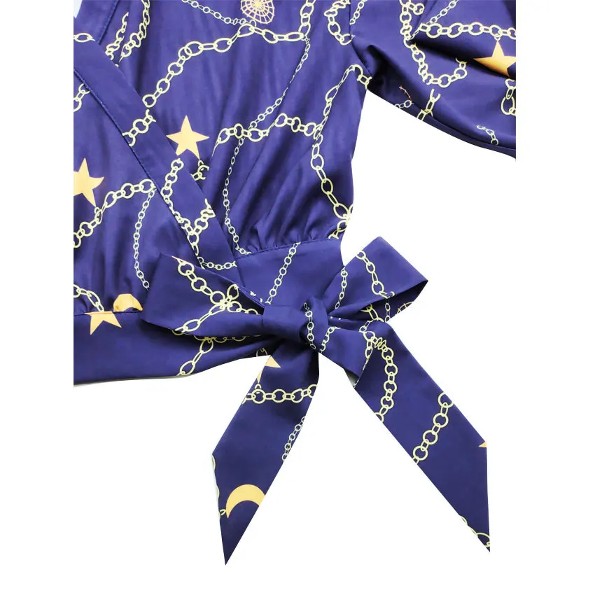 

High Waist Women V-neck Long Sleeve Print Short Blouse Vintage Female Top