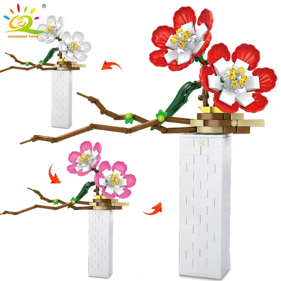 

HUIQIBAO 398 шт 3в1 цветок слива в горшке модель строительные блоки креативный городской набор кирпичей детские игрушки сделай сам украшение пода...