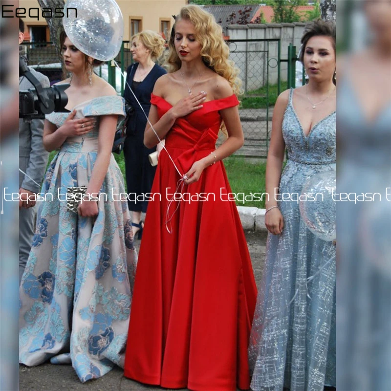 

Eeqasn 2020 Simple Elegant Long Evening Dress Satin Red A Line Sleeveless Formal Party Long Train Prom Gown Graduation Custom
