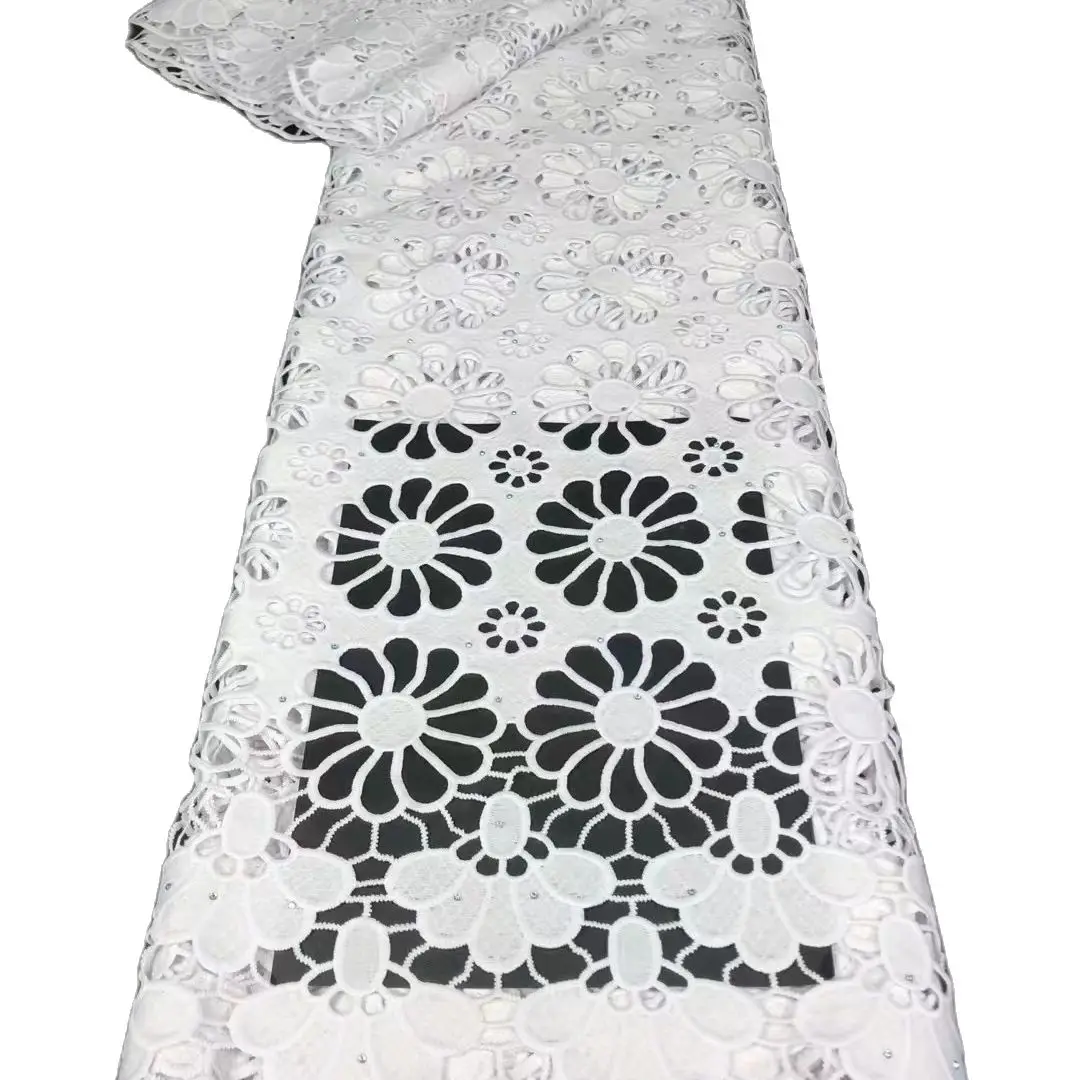 

White African Cord Lace Fabric Nigerian Lace Fabric 5 Yards Milk Silk Lace With Sequins Water Soluble Lace For Wedding Party