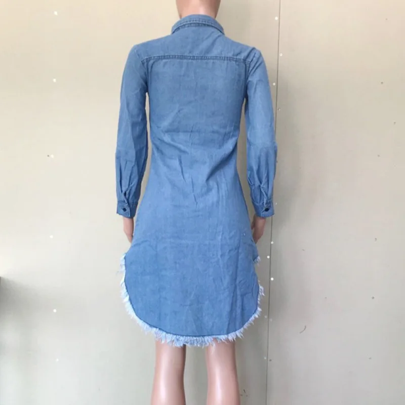 

Sexy Women Denim Asymmetrical Dress Streatwear Turn Down Neck Long Sleeve Ribbbed Tassel Shirt Dress Mini Blue Jean dress