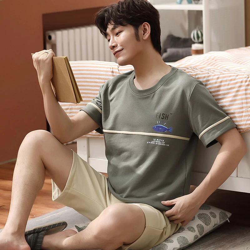 Пижамный комплект мужской из 2 предметов хлопковая одежда для сна с круглым