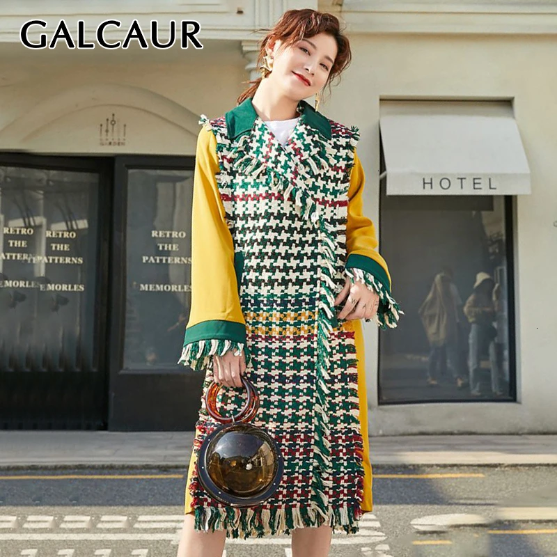 GALCAUR Лоскутная кисточка хит цвет женские куртки воротник с лацканами длинный