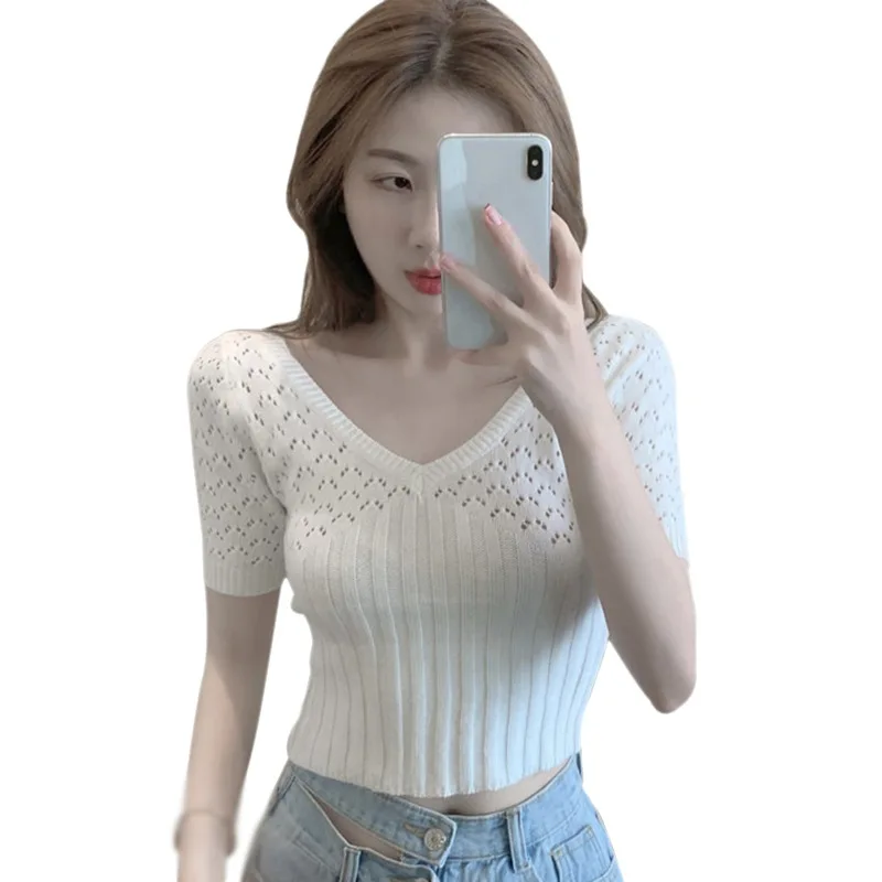 

Женская футболка в Корейском стиле, однотонная трикотажная Повседневная облегающая футболка с V-образным вырезом и коротким рукавом, Новое ...