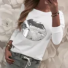 Женские блестящие губы, футболки одежда с длинным рукавом Повседневные топы с круглым вырезом Весенняя футболка Повседневные базовые футболки элегантные топы женские футболки 2021