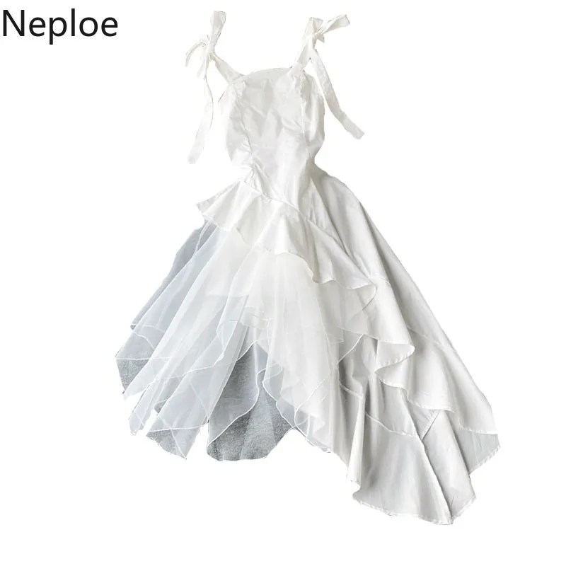 

Neploe Sweet Ruffle Dress Women 2021 New Korean Solid Bow Tie Sling Dresses Femme Seaside Holiday Beach High Waist Vestidos