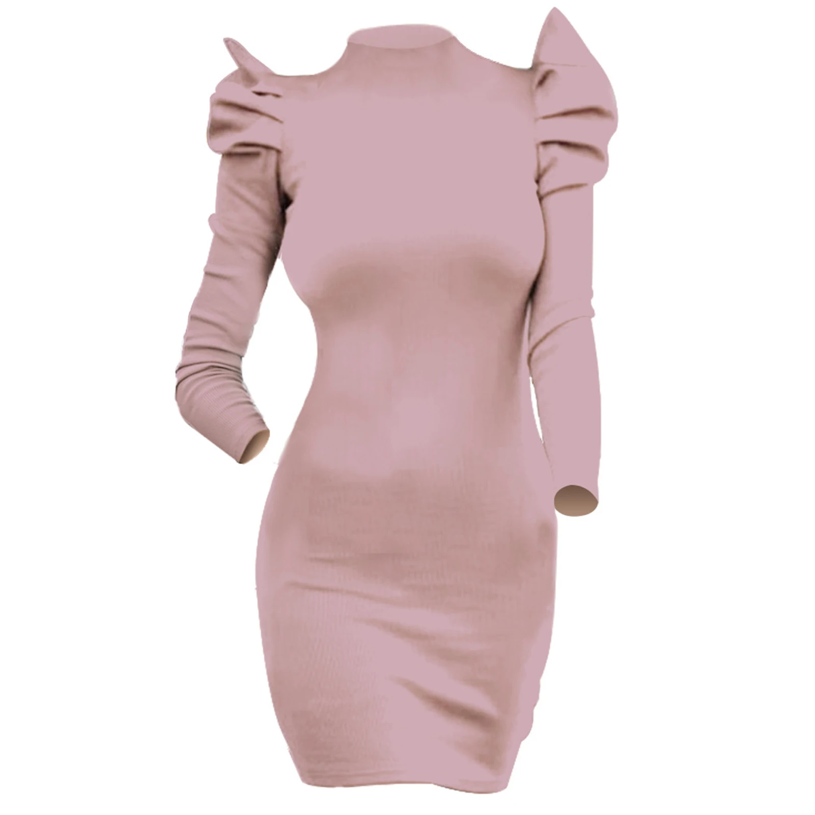 

Sexy Women Autumn Winter Solid Color Long Puff Sleeve O Neck Bodycon Mini Dress