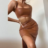 pu leather two pieces set women sexy crop top and skirt sleeveless tank vest split long wrap skirt night club party outfits