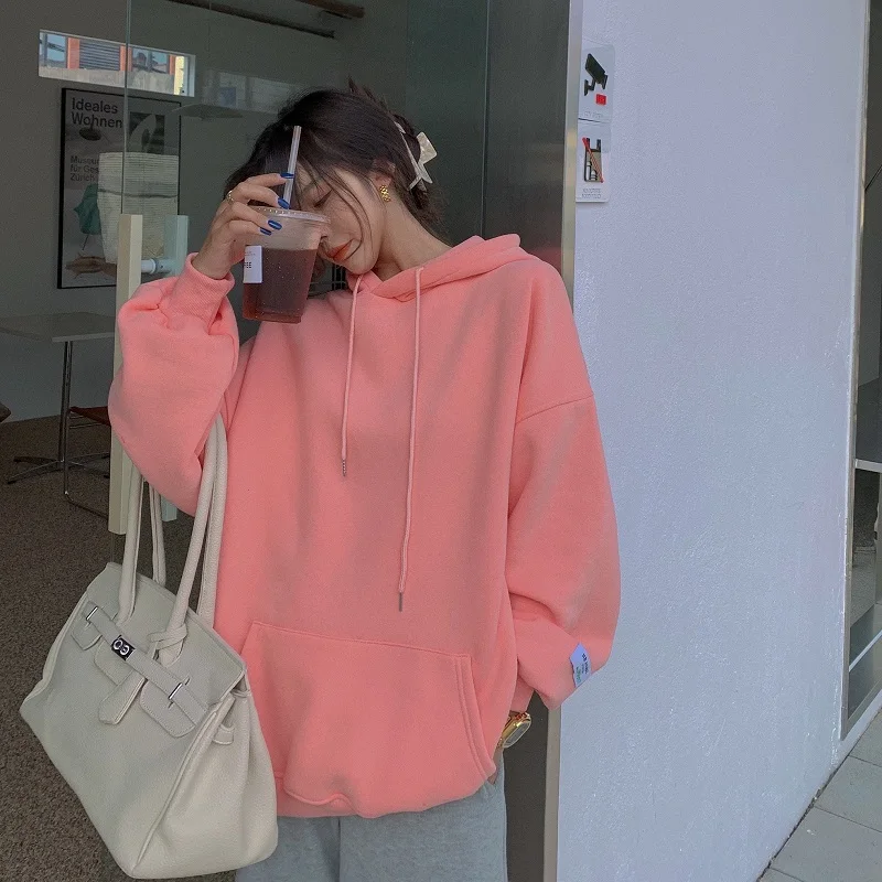

ZOGAA Women Fleece Colorful Hoodies 2021 Autumn Women's Hip Hop Solid Hooded Sweatshirts Korean Fashions Brown Winter Pullover