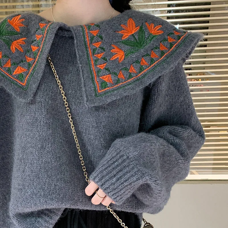

New Chic Embroidery Doll Collar Pullover Sweater Women Thick Loose Lazy Japanese Sweet Knitted Top 2022 Autumn Winter LR1994