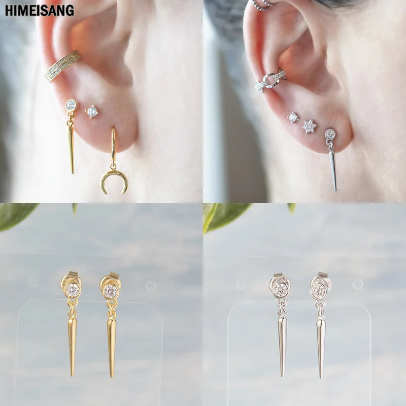 

Classic Silver Gold Filled Drop Earring Female Male Long Round CZ Zircon Cones Stud Earrings for Women Men Jewelry Wholesale