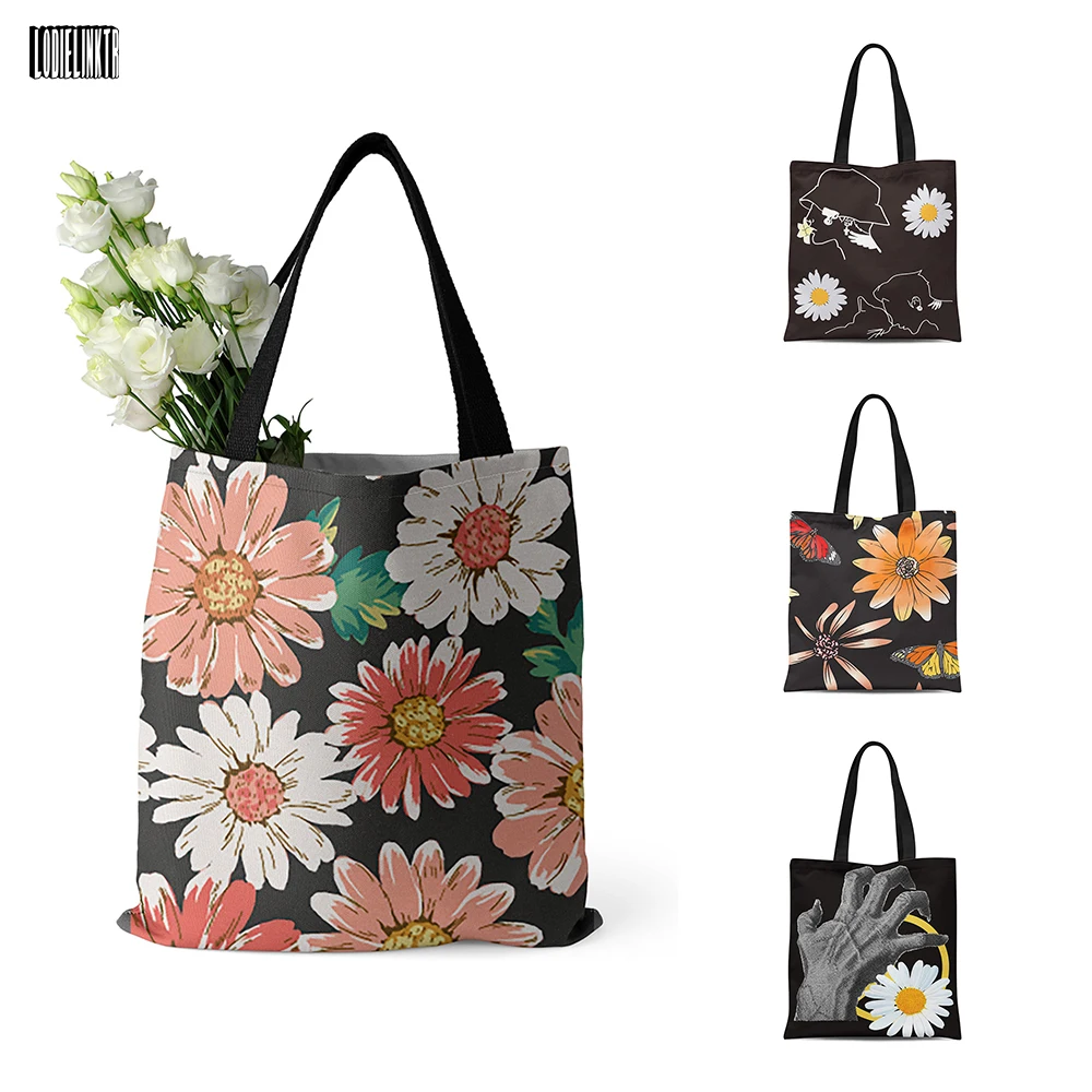 

Fashion Small Daisy Women Tote Bag With Zipper Casual Shopping Travel Shoulder Bag Large Capacity Foldable Canvas Shopper Bag