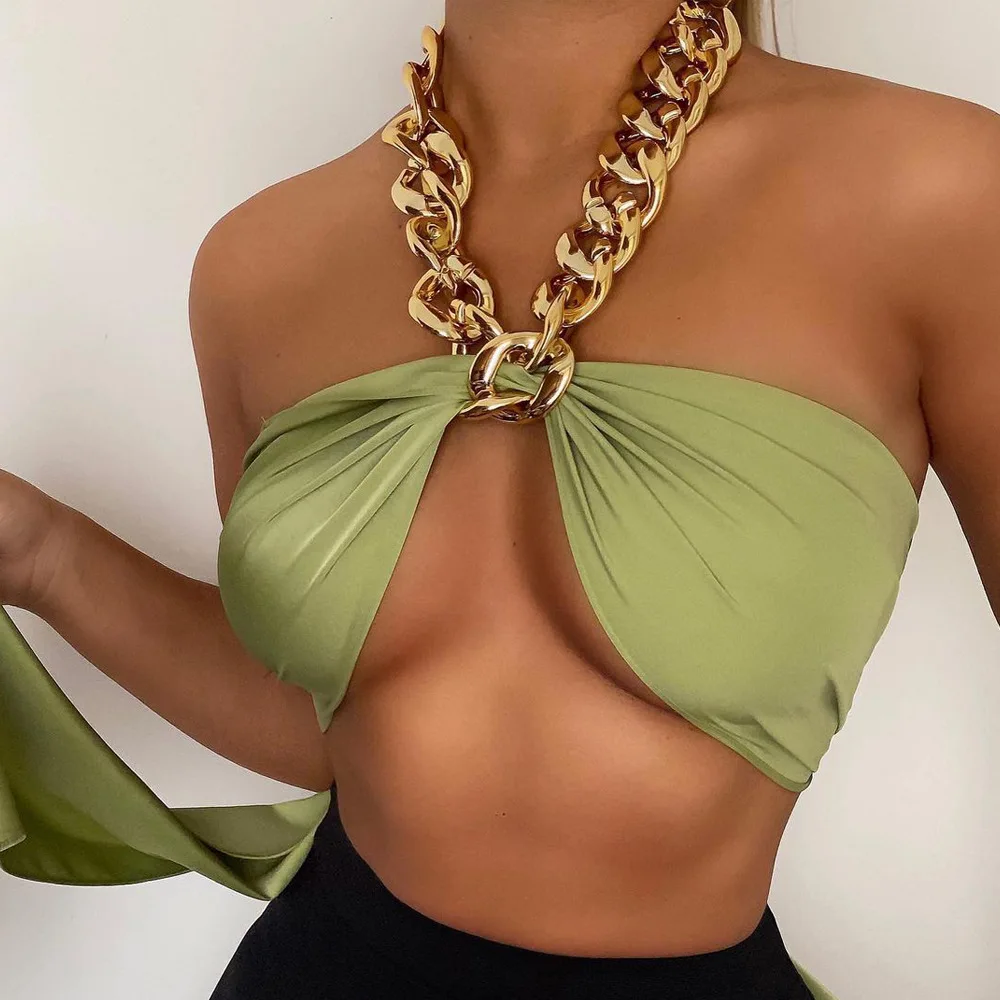 

Giyu Backless Sexy Green Chain Halter Crop Tops Women Satin Sleeveless Bandage High Street Party Fashion Camis Femme Summer Top