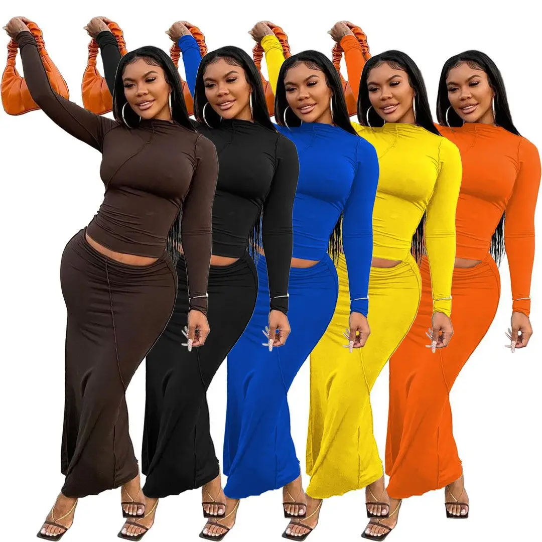 

Women Sets 2021 Autumn Maxi Skirt Two Piece Set Elegant Long Sleeve Crop Tops and Long Pencil Skirts Party Clubwear