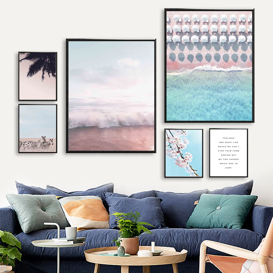 

Sea Wave Zebra Cherry Blossom Palm Quote Wall Art Canvas Painting Nordic Posters And Prints Wall Pictures For Living Room Decor