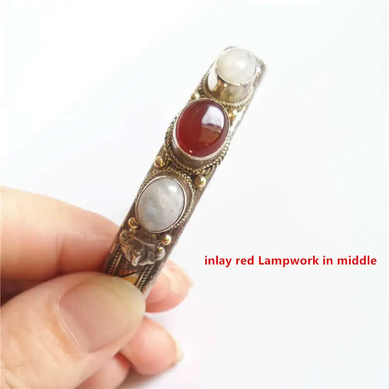 red Lampwork middle BB-230 индийская Роза медь инкрустация серебряный с лунным камнем бусины Браслеты Винтаж открытый манжеты из Непала - Окраска металла: red Lampwork middle