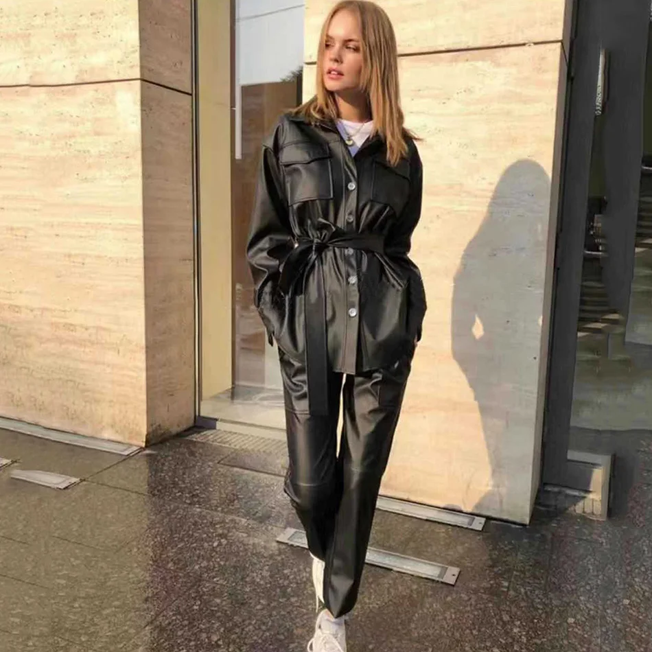 Повседневный Кожаный Женский комплект куртка с ремнем + штаны из двух предметов
