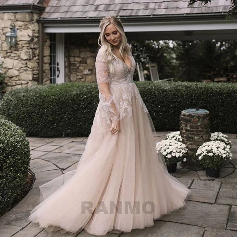 

Винтажное пыльное свадебное платье RANMO с длинными рукавами, Кружевная аппликация, тюлевые свадебные платья, Пляжное Платье