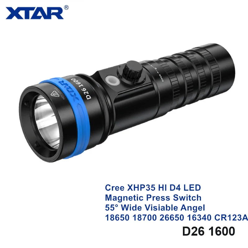 Xtar D26 1600 с широким обзором Angel 16340 26650 18650 мощный светильник для дайвинга Cree XHP35
