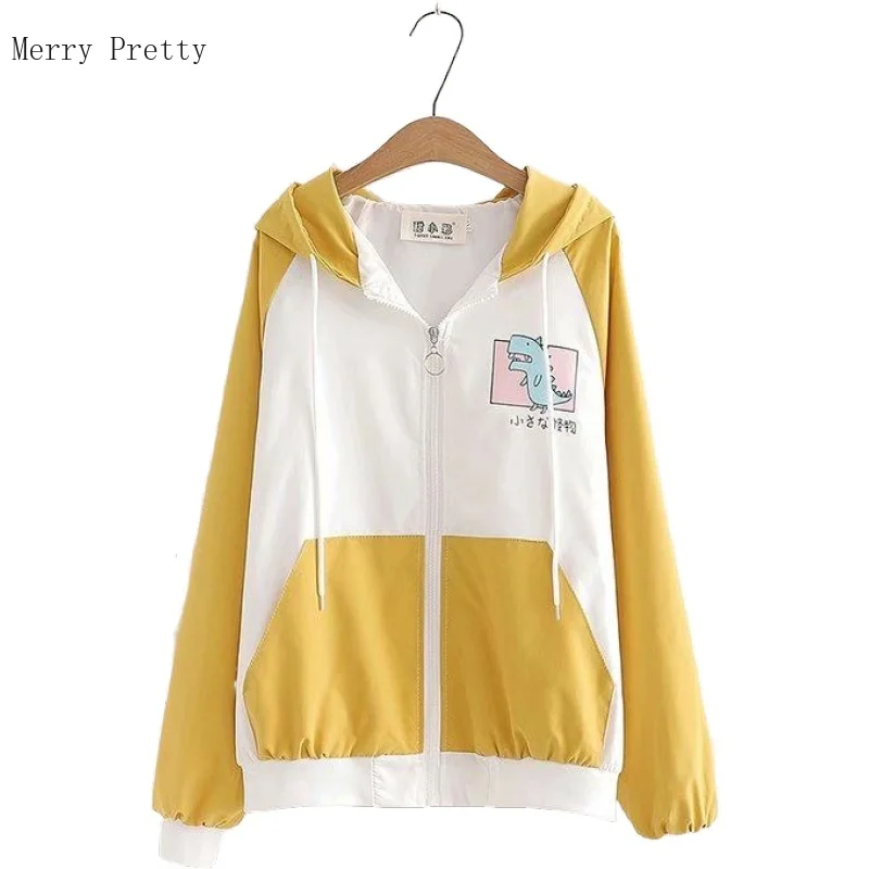 

Женские куртки, пальто с принтом динозавра из мультфильма, куртка на молнии, осень 2020, длинный рукав, пэчворк, Корейская Женская Базовая верх...