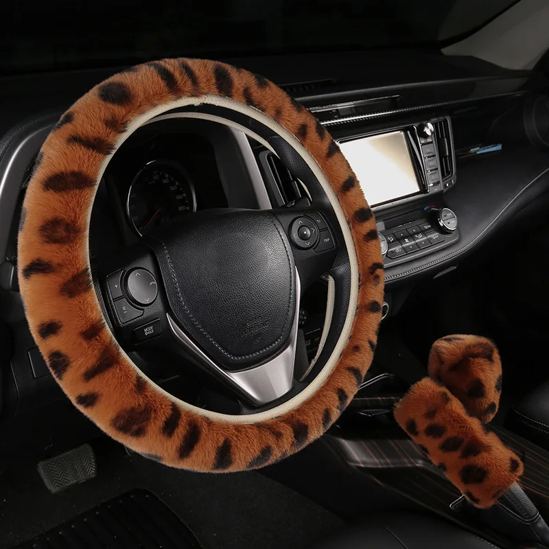 

Plush Steering Wheel Covers Handbrake Cover Gear Shift Cover Fuzz Warm Non-slip Car Decoration Universal 37-38CM
