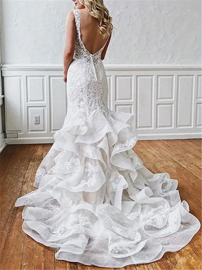 

Hot Cascading Ruffles Appliques Mermaid Dresses for Wedding Party 2020 V-neck Bridal Dress Cheap Wedding Gowns vestidos de noiva