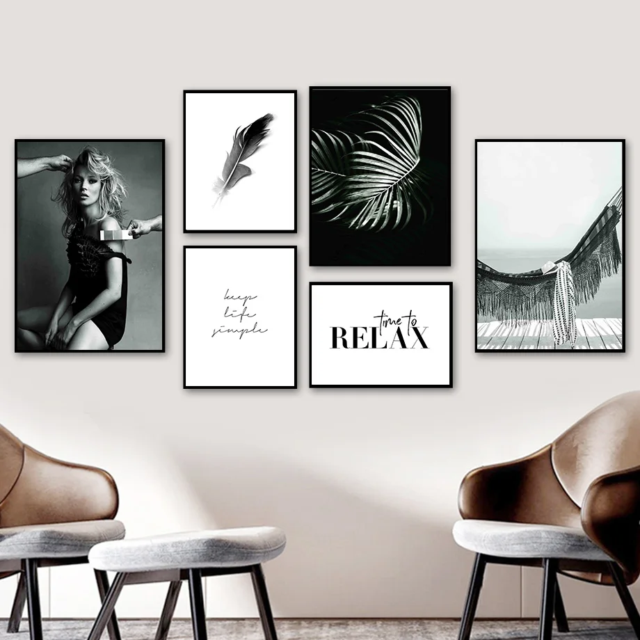 

Women Feather Hammock Plant Leaf Quote Wall Art Canvas Painting Nordic Posters And Prints Wall Pictures For Living Room Decor