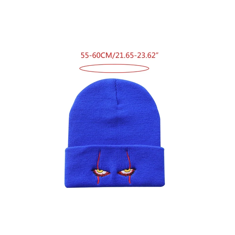 

Women Men Winter Knitted Casual Beanie Hat Scary Clown Eyes Embroidery Hip Hop Cuffed Skull Halloween Cosplay Party