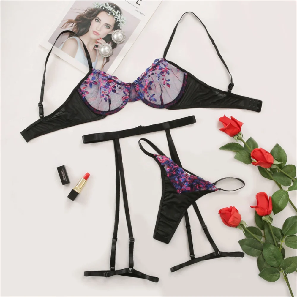 

Sexy bump color embroidery lace underwear set temptation perspective appeal three sets