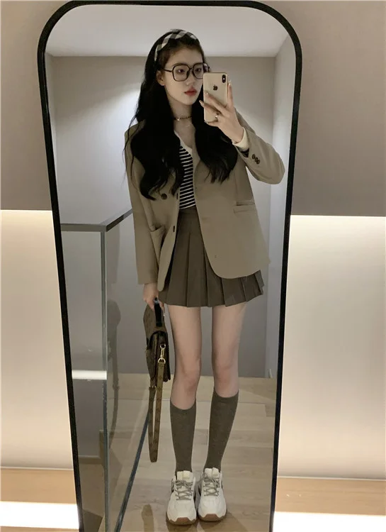 Кофейный повседневный костюм пальто женский новый корейский свободный с длинным