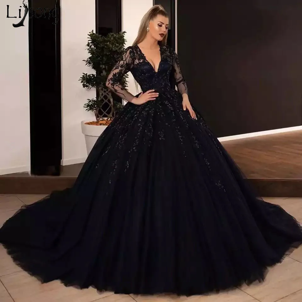 

Vintage Black Evening Dresses 2020 Full Sleeves Lace Beaded Tulle Ball Gowns Elegant Long Evening Gowns Lace Up