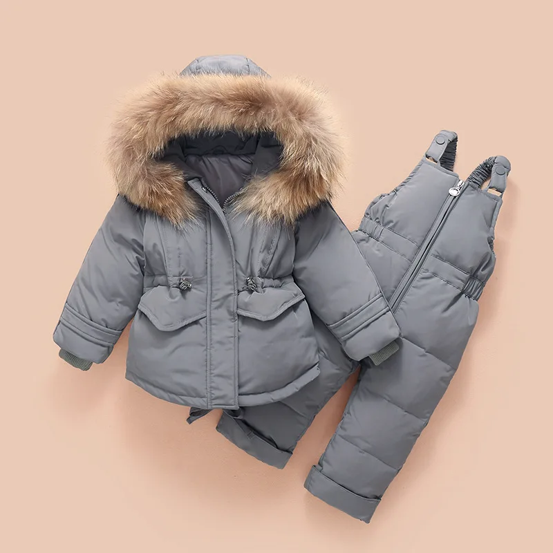 2019 Children's down jacket suit new winter baby suspender trousers male child girl raccoon hair ski suit