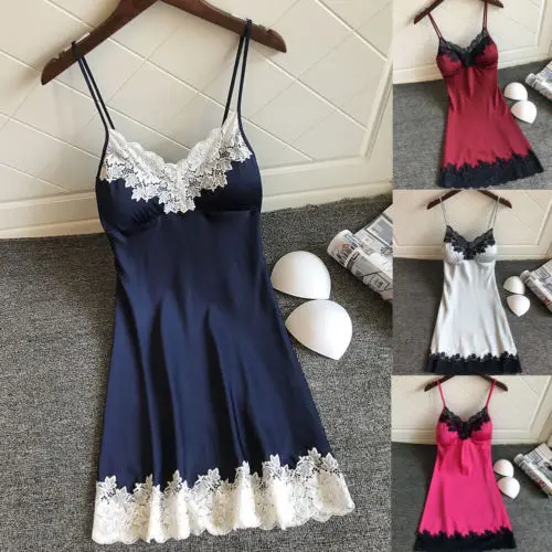 

2020 V-Neck Lace Sleepwear Dress Women Lingerie Silk Robe Mini Dress Women Nightgown Sexy Sleepdress Nightwear