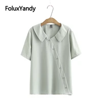 peter pan collar blouse plus size women chiffon blouse asymmetrical casual short sleeve summer shirt kkfy4504