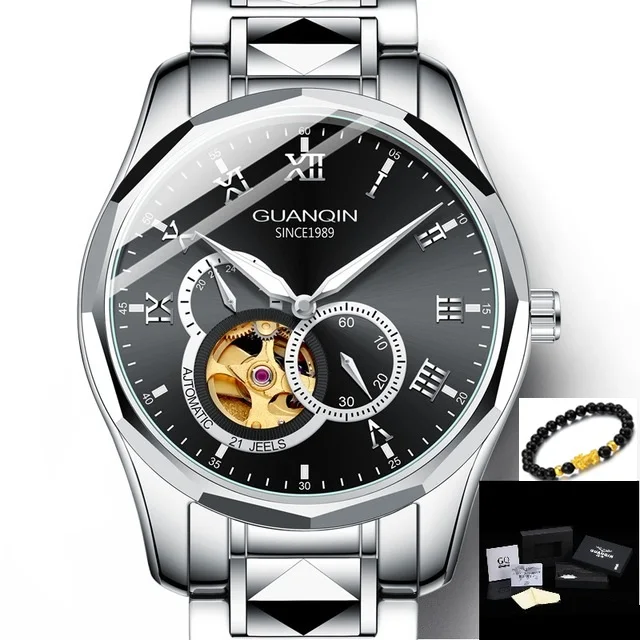 GUANQIN Japan MIYOTA Quartz Movement Automatic Mechanical Watch Men Luxury Tungsten Steel Push Button Hidden Clasp Male Clock - Цвет: Silver Black